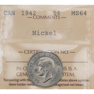 Canada 1942 5 Cents Nickel Coin - ICCS MS-64