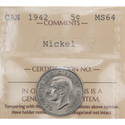 Front of ICCS protective slab encapsulation holder for a Canada 1942 5 Cents Nickel coin (Grade MS-64, SKU: XZV 748), displaying the official ICCS yellow certification insert label with grade, serial number, and certification details above the coin.