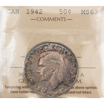 Front of ICCS protective flip holder for a Canada 1942 50 Cents silver half dollar coin (Grade MS-63, SKU: XLI 532), displaying the official ICCS certification insert with grade and serial number above the coin.