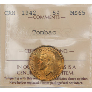 Canada 1942 Tombac 5 Cents Nickel Coin - ICCS MS-65