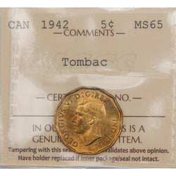 Front of ICCS protective slab encapsulation holder for a Canada 1942 Tombac 5 Cents Nickel coin (Grade MS-65, SKU: XYH 071), displaying the official ICCS yellow certification insert label with grade, metal/variety designation, and serial number above the coin.