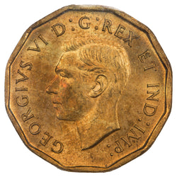 Obverse of a Canada 1942 Tombac 5 Cents Nickel coin (ICCS MS-65, SKU: XYH 071), featuring the uncrowned profile portrait of King George VI facing left on a 12-sided tombac brass planchet, surrounded by GEORGIUS VI DEI GRATIA REX ET IND: IMP:.