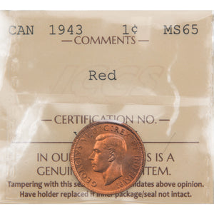 Canada 1943 One Small Cent Coin - ICCS MS-65 Red