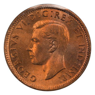 Obverse of a Canada 1943 1 Small Cent coin (ICCS MS-65 Red, SKU: XKI 785), featuring the uncrowned profile portrait of King George VI facing left, surrounded by GEORGIUS VI DEI GRATIA REX ET IND: IMP:.