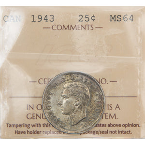 Canada 1943 25 Cents Quarter Silver Coin - ICCS MS-64