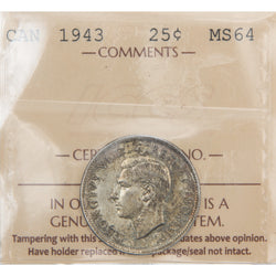 Front of ICCS protective flip holder for a Canada 1943 25 Cents silver quarter coin (Grade MS-64, SKU: XLI 416), displaying the official ICCS certification insert with grade and serial number above the coin.