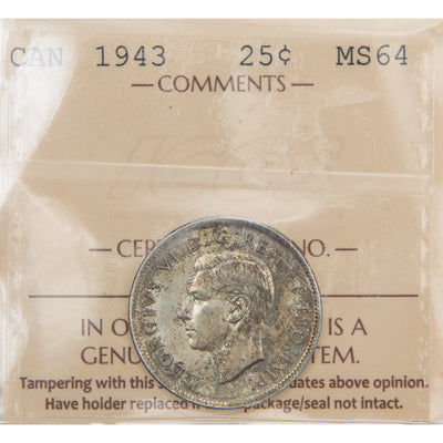 Front of ICCS protective flip holder for a Canada 1943 25 Cents silver quarter coin (Grade MS-64, SKU: XLI 416), displaying the official ICCS certification insert with grade and serial number above the coin.