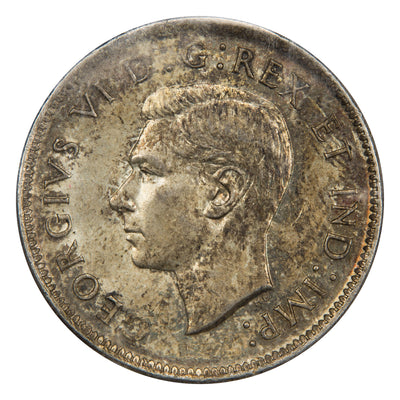 Obverse of a Canada 1943 25 Cents silver quarter coin (ICCS MS-64, SKU: XLI 416), featuring the uncrowned profile portrait of King George VI facing left, surrounded by GEORGIUS VI DEI GRATIA REX ET IND: IMP:.
