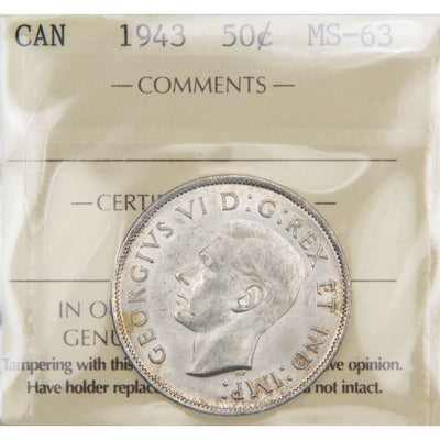 Front of ICCS protective flip holder for a Canada 1943 50 Cents silver half dollar coin (Grade MS-63, SKU: XHF 396), displaying the official ICCS certification insert with grade and serial number above the coin.