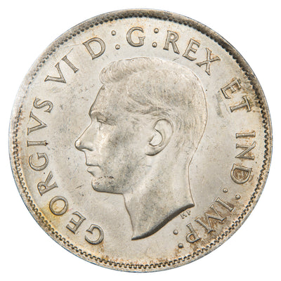 Obverse of a Canada 1943 50 Cents silver half dollar coin (ICCS MS-63, SKU: XHF 396), featuring the uncrowned profile portrait of King George VI facing left, surrounded by GEORGIUS VI DEI GRATIA REX ET IND: IMP: