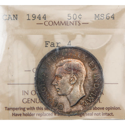 Front of ICCS protective slab encapsulation holder for a Canada 1944 Far 4 50 Cents Half Dollar Silver coin (Grade MS-64, SKU: XKI 798), displaying the official ICCS yellow certification insert label with grade, variety designation, and serial number above the coin.