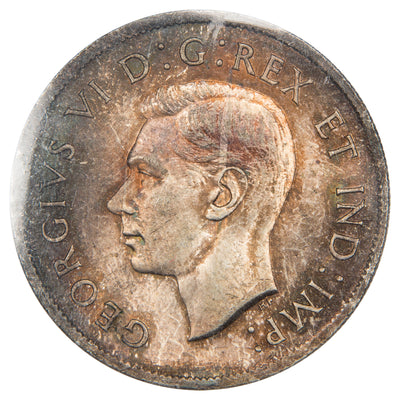 Obverse of a Canada 1944 Far 4 50 Cents Half Dollar Silver coin (ICCS MS-64, SKU: XKI 798), featuring the uncrowned profile portrait of King George VI facing left, surrounded by GEORGIUS VI DEI GRATIA REX ET IND: IMP:.