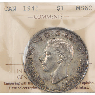 Front of ICCS protective flip holder for a Canada 1945 1 Dollar silver coin (Grade MS-62, SKU: XXV 911), displaying the official ICCS certification insert with grade and serial number above the coin.