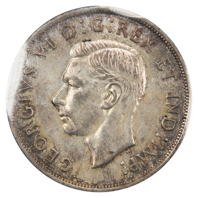 Obverse of a Canada 1945 1 Dollar silver coin (ICCS MS-62, SKU: XXV 911), featuring the uncrowned profile portrait of King George VI facing left, surrounded by GEORGIUS VI DEI GRATIA REX ET IND: IMP:.