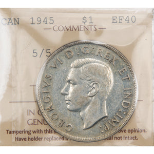 Canada 1945 5/5 Dbl. HP $1 Silver Dollar Coin - ICCS EF-40