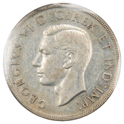 Obverse of a Canada 1945 5/5 Double HP $1 Silver Dollar coin (ICCS EF-40, SKU: XZV 740), featuring the uncrowned profile portrait of King George VI facing left, surrounded by GEORGIUS VI DEI GRATIA REX ET IND: IMP:.
