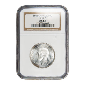 Canada 1945 Near 5 50 Cents Half Dollar Silver Coin - NGC MS-63