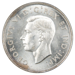 Obverse of a Canada 1945 Near 5 50 Cents Half Dollar silver coin (NGC MS-63, SKU: 1730884-003), featuring the uncrowned profile portrait of King George VI facing left, surrounded by GEORGIUS VI DEI GRATIA REX ET IND: IMP:.