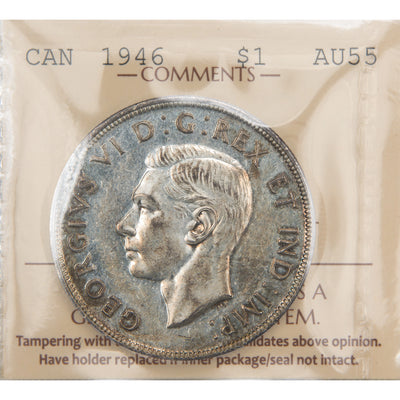 Front of ICCS protective flip holder for a Canada 1946 1 Dollar silver coin (Grade About Uncirculated-55, SKU: XUJ 056), displaying the official ICCS certification insert with grade and serial number above the coin.