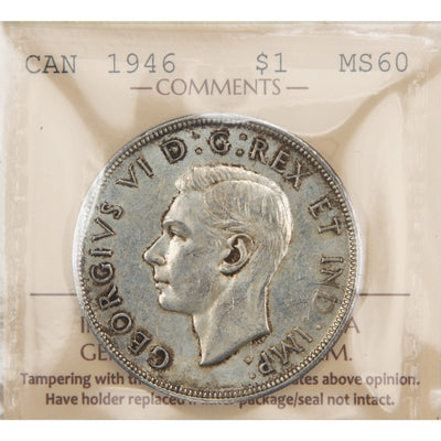 Front of ICCS protective flip holder for a Canada 1946 1 Dollar silver coin (Grade MS-60, SKU: XUJ 058), displaying the official ICCS certification insert with grade and serial number above the coin.