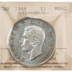 Front of ICCS protective flip holder for a Canada 1946 1 Dollar silver coin (Grade MS-62, SKU: XUJ 058), displaying the official ICCS certification insert with grade and serial number above the coin.