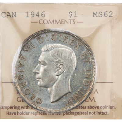 Front of ICCS protective flip holder for a Canada 1946 1 Dollar silver coin (Grade MS-62, SKU: XUJ 058), displaying the official ICCS certification insert with grade and serial number above the coin.