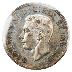 Obverse of a Canada 1946 1 Dollar silver coin (ICCS AU-55, SKU: XUJ 056), featuring the uncrowned profile portrait of King George VI facing left, surrounded by GEORGIUS VI DEI GRATIA REX ET IND: IMP:.