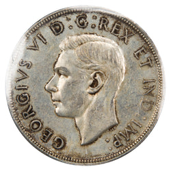 Obverse of a Canada 1946 1 Dollar silver coin (ICCS MS-60, SKU: XUJ 058), featuring the uncrowned profile portrait of King George VI facing left, surrounded by GEORGIUS VI DEI GRATIA REX ET IND: IMP:.