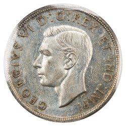 Obverse of a Canada 1946 1 Dollar silver coin (ICCS MS-62, SKU: XUJ 058), featuring the uncrowned profile portrait of King George VI facing left, surrounded by GEORGIUS VI DEI GRATIA REX ET IND: IMP:.