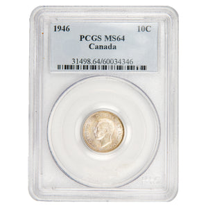 Canada 1946 10 Cents Dime Silver Coin - PCGS MS-64