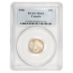 Canada 1946 10 Cents dime silver coin graded PCGS MS-64, certificate number 60034346, full obverse view in slab showing King George VI profile.