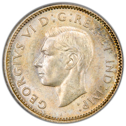 Close-up view of King George VI uncrowned portrait on Canada 1946 10 Cents dime silver coin, PCGS certification 60034346.