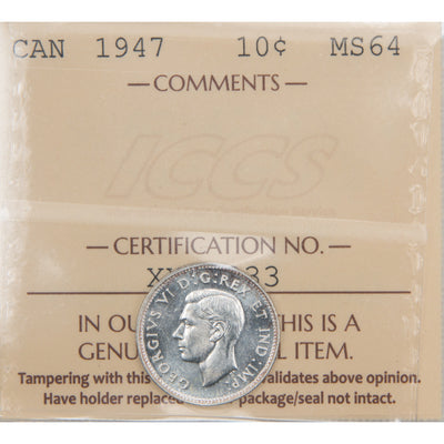 Front of ICCS protective flip holder for a Canada 1947 10 Cents silver dime coin (Grade MS-64, SKU: XXV 933), displaying the official ICCS certification insert with grade and serial number above the coin.
