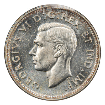 Obverse of a Canada 1947 10 Cents silver dime coin (ICCS MS-64, SKU: XXV 933), featuring the uncrowned profile portrait of King George VI facing left, surrounded by GEORGIUS VI DEI GRATIA REX ET IND: IMP:.