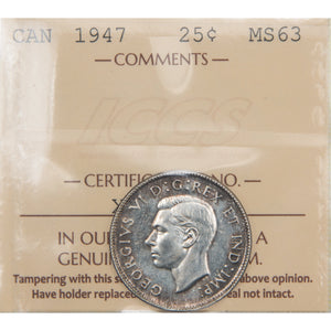 Canada 1947 25 Cents Quarter Silver Coin - ICCS MS-63