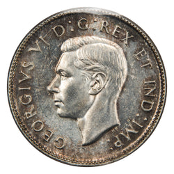 Obverse of a Canada 1947 25 Cents silver quarter coin (ICCS MS-63, SKU: XXV 948), featuring the uncrowned profile portrait of King George VI facing left, surrounded by GEORGIUS VI DEI GRATIA REX ET IND: IMP:.