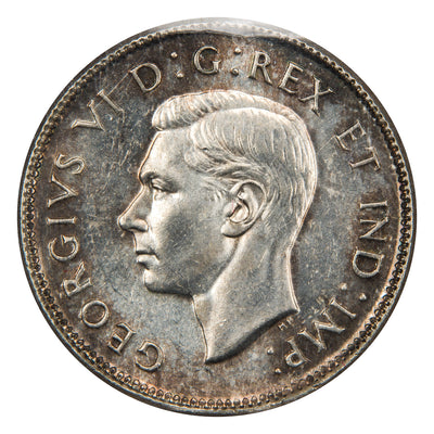 Obverse of a Canada 1947 25 Cents silver quarter coin (ICCS MS-63, SKU: XXV 948), featuring the uncrowned profile portrait of King George VI facing left, surrounded by GEORGIUS VI DEI GRATIA REX ET IND: IMP:.