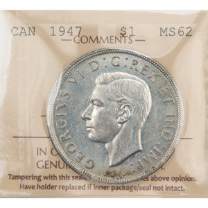 Canada 1947 Blunt 7 $1 Silver Dollar Coin - ICCS MS-62