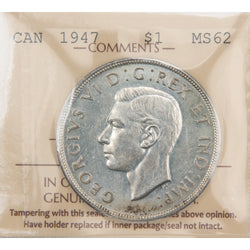 Front of ICCS protective flip holder for a Canada 1947 Blunt 7 1 Dollar silver coin (Grade MS-62, SKU: XUJ 054), displaying the official ICCS certification insert with grade, variety designation, and serial number above the coin.