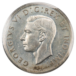 Obverse of a Canada 1947 Blunt 7 1 Dollar silver coin (ICCS MS-62, SKU: XUJ 054), featuring the uncrowned profile portrait of King George VI facing left, surrounded by GEORGIUS VI DEI GRATIA REX ET IND: IMP:.
