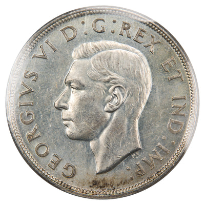 Obverse of a Canada 1947 Blunt 7 1 Dollar silver coin (ICCS MS-62, SKU: XUJ 054), featuring the uncrowned profile portrait of King George VI facing left, surrounded by GEORGIUS VI DEI GRATIA REX ET IND: IMP:.