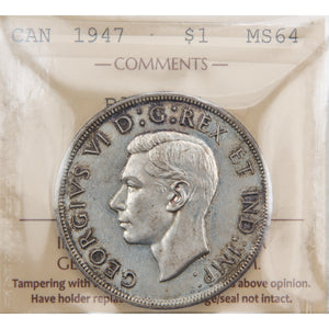 Canada 1947 Blunt 7 $1 Silver Dollar Coin - ICCS MS-64