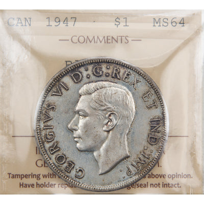 Front of ICCS protective slab encapsulation holder for a Canada 1947 Blunt 7 $1 Silver Dollar coin (Grade MS-64, SKU: XXV 901), displaying the official ICCS yellow certification insert label with grade, variety designation, and serial number above the coin.