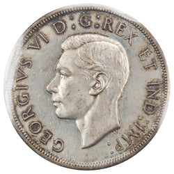 Obverse of a Canada 1947 Blunt 7 $1 Silver Dollar coin (ICCS MS-64, SKU: XXV 901), featuring the uncrowned profile portrait of King George VI facing left, surrounded by GEORGIUS VI DEI GRATIA REX ET IND: IMP:.