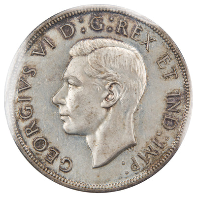 Obverse of a Canada 1947 Blunt 7 $1 Silver Dollar coin (ICCS MS-64, SKU: XXV 901), featuring the uncrowned profile portrait of King George VI facing left, surrounded by GEORGIUS VI DEI GRATIA REX ET IND: IMP:.