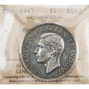 Canada 1947 Maple Leaf $1 Silver Dollar Coin - ICCS AU-50