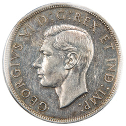 Obverse of a Canada 1947 Maple Leaf $1 Silver Dollar coin (ICCS AU-50, SKU: XXV 928), featuring the uncrowned profile portrait of King George VI facing left, surrounded by GEORGIUS VI DEI GRATIA REX ET IND: IMP:.
