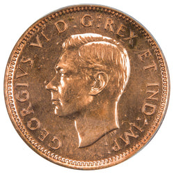 Obverse of a Canada 1947 Maple Leaf 1 Small Cent specimen coin (PCGS SP-64 Red, SKU: 5710267), featuring the uncrowned profile portrait of King George VI facing left, surrounded by GEORGIUS VI DEI GRATIA REX ET IND: IMP:.