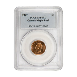 Front of PCGS protective slab encapsulation holder for a Canada 1947 Maple Leaf 1 Small Cent bronze specimen coin (Grade SP-64 Red, SKU: 5710267), displaying the official PCGS certification label with PCGS logo, grade, specimen strike designation, variety, color designation, and barcode above the coin.