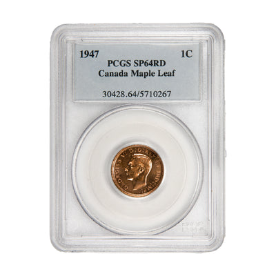 Front of PCGS protective slab encapsulation holder for a Canada 1947 Maple Leaf 1 Small Cent bronze specimen coin (Grade SP-64 Red, SKU: 5710267), displaying the official PCGS certification label with PCGS logo, grade, specimen strike designation, variety, color designation, and barcode above the coin.